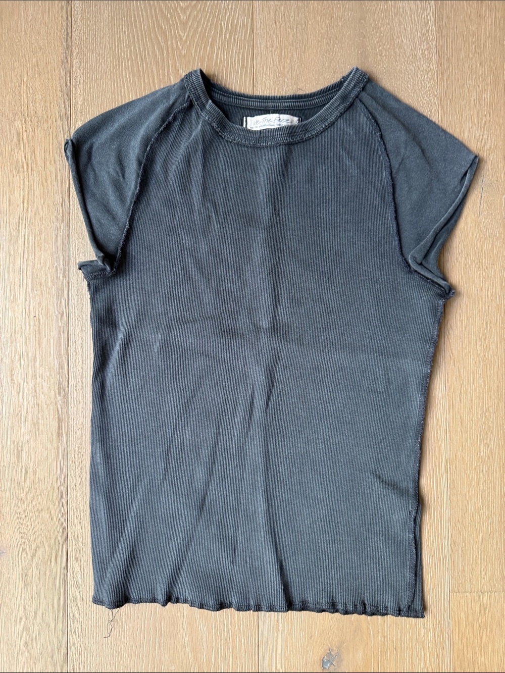 Free People Black Ribbed Short Sleeve Tee